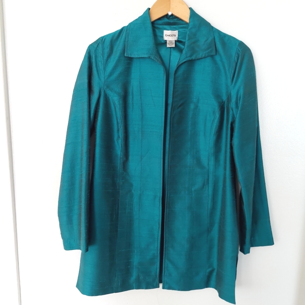 Chico's 100% Silk Teal Turquoise Jacket Topper - Size 4 (Chico's Size 0)